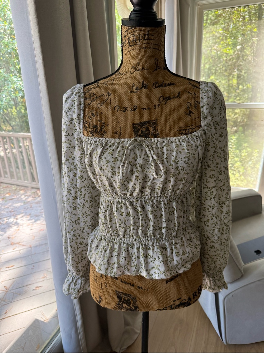 Reformation White Green Floral Smocked Square-Neck Blouse